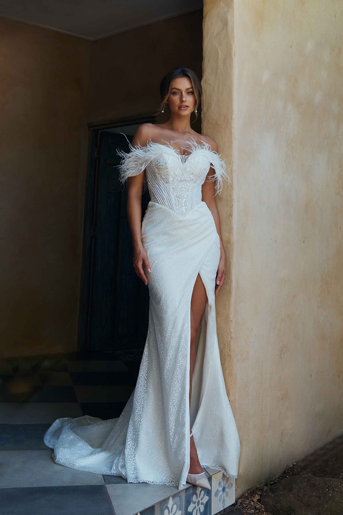 FRANCESCA TC2336 WEDDING DRESS VINTAGE WHITE BEADED TULLE AND FEATHER OFF SHOULDER SWEETHEART NECKLINE WITH HIGH LEG WRAP SPLIT WITH CIRCULAR TRAIN TANIA OLSEN BRIDAL (1)